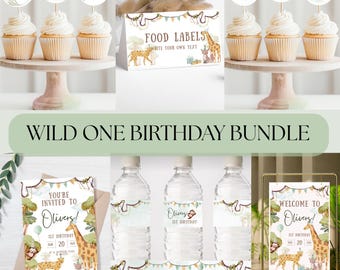 May include: A Wild One birthday bundle featuring cupcakes with toppers, food labels, water bottle labels, invitations, and a welcome sign. The design includes jungle animals and the text "Wild One Birthday Bundle".