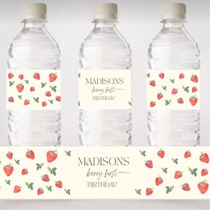Strawberry Water Bottle Labels – Berry First Birthday Printable – Fruit Theme Party Decor – Editable Canva Template – Instant Download