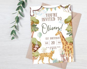 Jungle Birthday Invitation – Editable Canva Template –  Jungle Animal, Safari Theme – Printable Kids Party Invite