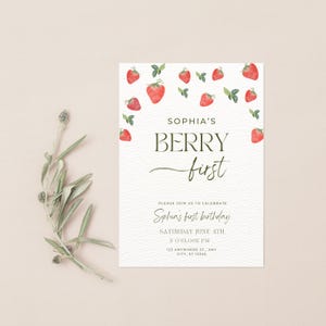 Berry First Birthday Invitation – Strawberry Watercolour Party Invite – Editable Printable Template for Girls