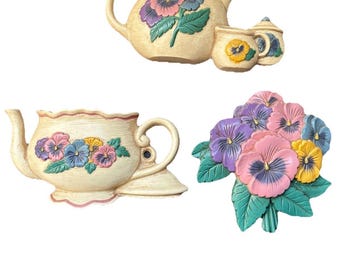 Vintage 1995 Home Interiors Burwood Pansy Floral Wall Plaque Cottagecore Retro
