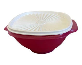 Tupperware Servilier Bol para mezclar rosa Tapa blanca con diseño de rayos de sol VTG Retro 7” Años 80 RARO