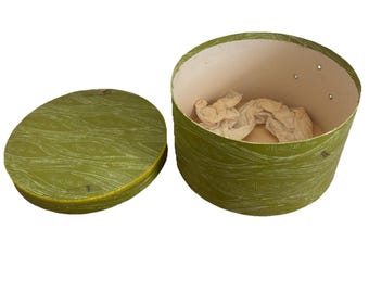 VTG Macys Little Shops Hat Box Round Green Wood Grain Mid Century MCM 11” Rare