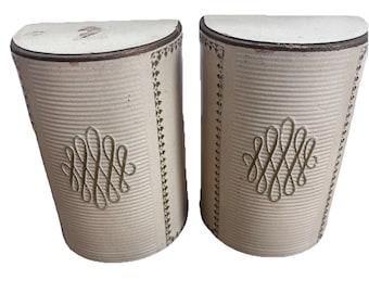 Vintage MCM Cream Tooled Bookends Faux Leather Library Decor Gold Gilt Mid Centu