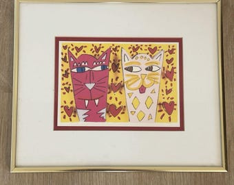 James Rizzi 1984 Cats Meow Framed Pop Art Print 10x12 Vintage Gold Metal Frame