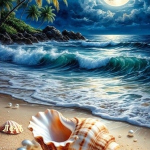 Puede incluir: Una serena escena de playa nocturna, con una gran concha y un collar de perlas en la arena. Las olas del océano rompen y una luna llena brilla en el cielo azul oscuro. Se ven palmeras en el lado izquierdo de la imagen.