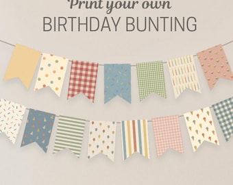 Vintage Birthday Party Banner, Printable Bunting Flags, Mixed Pattern Pennant Banner, Dovetail Party Decor, Instant Download, DIY Birthday