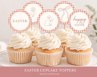 Gingham Easter Cupcake Toppers, Blush Pink Bunny Spring Party Decor (Instant Download)