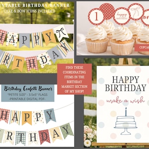May include: A collage of birthday party decorations. Includes a banner with "Happy Birthday" on pennant flags, cupcake toppers, and a sign with a cake illustration. The color scheme features red, blue, yellow, and green.