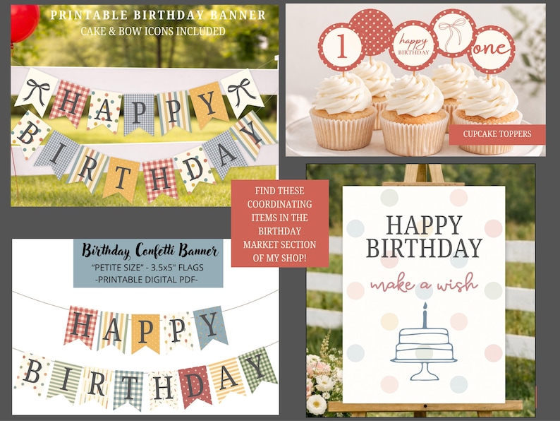 May include: A collage of birthday party decorations. Includes a banner with "Happy Birthday" on pennant flags, cupcake toppers, and a sign with a cake illustration. The color scheme features red, blue, yellow, and green.
