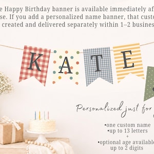 Printable Happy Birthday Banner, Vintage Birthday Bunting, Gingham Stripe Polka Dot Flags, Muted Colors DIY Party Decor, Instant Download image 3