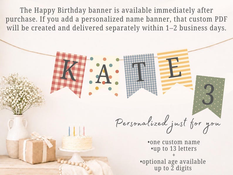 Printable Happy Birthday Banner, Vintage Birthday Bunting, Gingham Stripe Polka Dot Flags, Muted Colors DIY Party Decor, Instant Download image 3