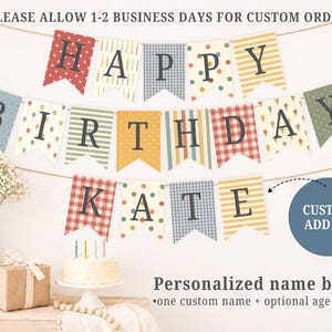 Printable Happy Birthday Banner, Vintage Birthday Bunting, Gingham Stripe Polka Dot Flags, Muted Colors DIY Party Decor, Instant Download image 2