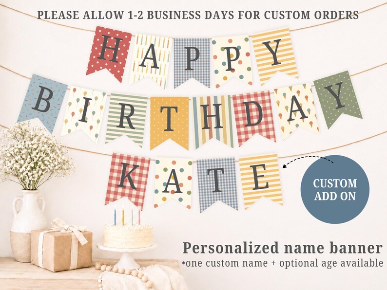 Printable Happy Birthday Banner, Vintage Birthday Bunting, Gingham Stripe Polka Dot Flags, Muted Colors DIY Party Decor, Instant Download image 2