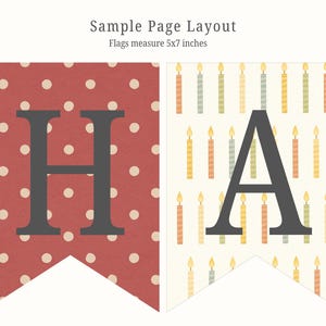 May include: A banner with the letters "HA" in dark gray. The "H" is on a red banner with white polka dots. The "A" is on a banner with a pattern of candles. Flags measure 5x7 inches.