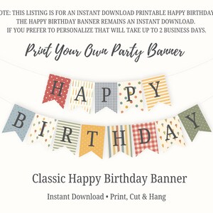 Printable Happy Birthday Banner, Vintage Birthday Bunting, Gingham Stripe Polka Dot Flags, Muted Colors DIY Party Decor, Instant Download image 4