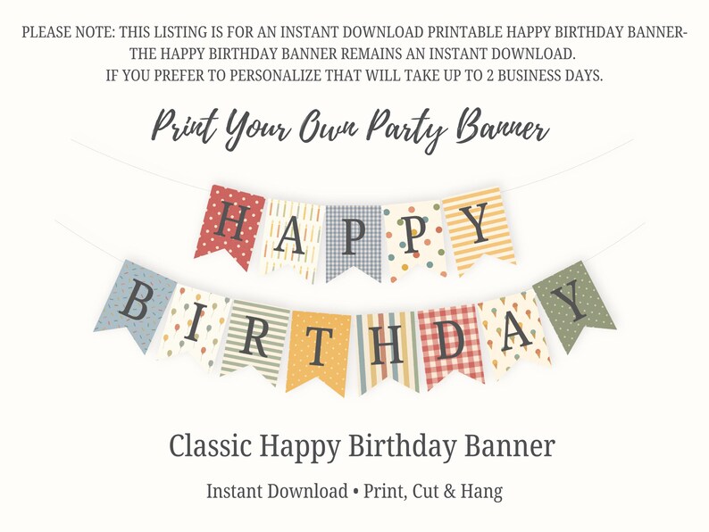Printable Happy Birthday Banner, Vintage Birthday Bunting, Gingham Stripe Polka Dot Flags, Muted Colors DIY Party Decor, Instant Download image 4