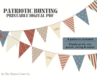 Vintage Patriotic Bunting: Printable Pennant Banner, 4th of July Decor (Digital Download