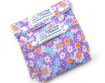 Back to School Reusable Sandwich Bags Snack Tote, Purple Orange Floral, Washable, Tangerine, Water Proof, Go Green, Eco Friendly