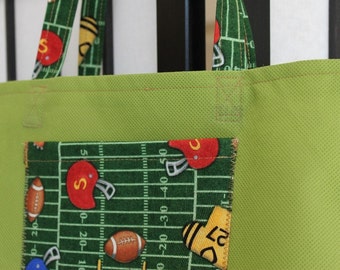 Childrens Tote Bag, Green With Football Print Pocket and Handles by Bright Rose Creations