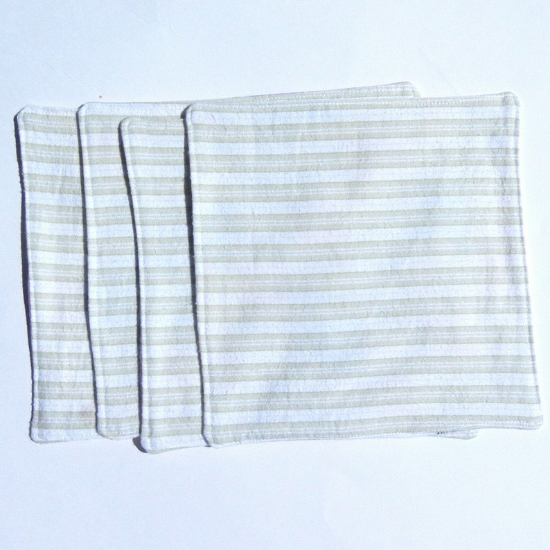 Cloth Napkins or Baby Wipes, Gingham Smiley Face Flannel, Upcycled Stripes, Olive Green, Reversible, Set of 4 image 4
