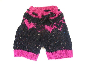 SMALL Wool Shorties, Cloth Diaper Cover, Hand Knit, Fair Isle Hearts, Hot Pink and Black Tweed, Fuchsia, Medium, by Bright Rose Creations