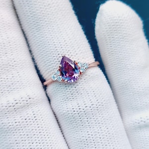 Pear Cut Alexandrite Ring | Color Change Gemstone Jewelry | June Birthstone Ring | Sterling Silver Engagement, Anniversary, Promise Gift