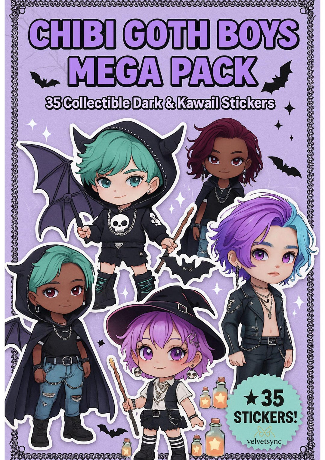 Chibi Goth Boys Clipart: Pastel Goth PNG Sticker Bundle (digital ...