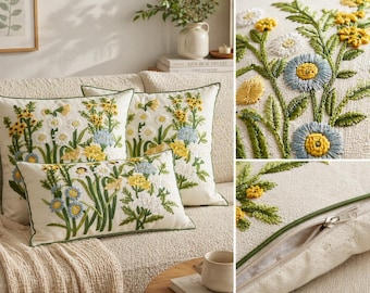 Funda de cojín floral bordada, funda de almohada botánica, decoración para sofá de estilo rústico.