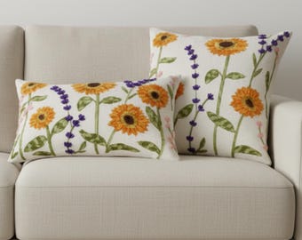 Funda de cojín bordada con girasoles, funda de almohada floral, decoración bohemia botánica de estilo rústico.