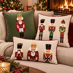 Christmas Nutcracker Cushion Cover, Embroidered Velvet Pillow Cover, Holiday Soldier Throw Pillow Cover, Festive Sofa Decor