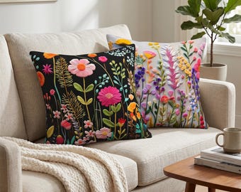 3D Embroidered Floral Cushion Cover | Velvet Decorative Throw Pillow | Colorful Botanical Pillow Case | Modern Living Room Decor Gift