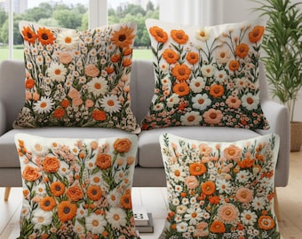 Funda de almohada floral naranja, cojín para sofá estilo bohemio rústico, tela de poliéster para decoración del hogar.