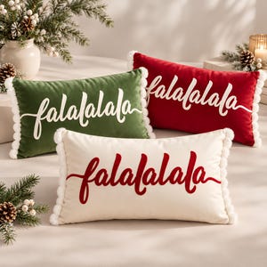 Fa La La Christmas Cushion Cover, Embroidered Holiday Pillow Cover, 30x50cm Lumbar Throw Pillow, Festive Sofa Decor