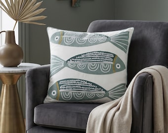Funda de cojín bordada con diseño de peces, 45 x 45 cm / Cojín minimalista costero para sofá / Decoración marina