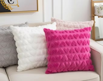 Funda de cojín de felpa con estampado de corazones de 45 x 45 cm / Funda de almohada decorativa texturizada