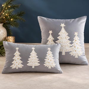 Christmas Tree Cushion Cover, Gray Velvet Embroidered Pillow Cover, Star Holiday Throw Pillow, Winter Sofa Decor