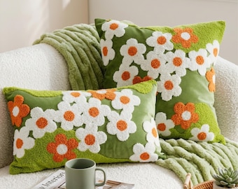 Funda de cojín con estampado floral / Funda de almohada bordada con margaritas, cojín decorativo verde estilo bohemio para sofá