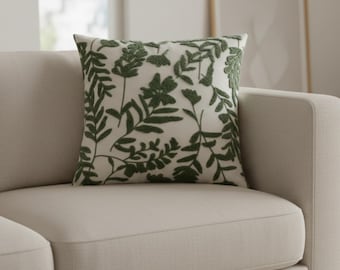 Funda de cojín bordada con hojas botánicas, funda de almohada con textura floral verde