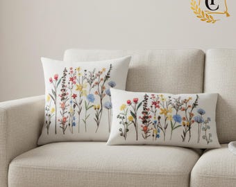 Funda de cojín bordada con flores / Cojín decorativo botánico de flores silvestres / Detalle decorativo botánico para el hogar