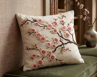Funda de almohada con estampado de flores de cerezo Sakura Floral Cushion Case 45x45 Decoración japonesa Rosa Almohada decorativa Decoración oriental de primavera Regalo para el hogar para ella