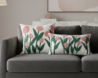 Funda de almohada Tulipán, Funda de cojín floral, Funda de cojín escandinava, Funda de almohada lumbar, Cojín moderno para sofá, Decoración botánica para el hogar