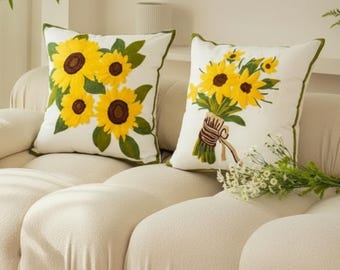 Funda de cojín bordada con girasoles, cojín decorativo floral estilo rústico, accesorio para sofá estilo cottagecore (45 x 45 cm)