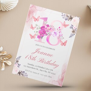 May include: A pink and white 18th birthday invitation with floral and butterfly accents. The invitation includes the text "JOIN US TO CELEBRATE Joanne 18th Birthday" and event details. Decorative paper ornaments are in the background.