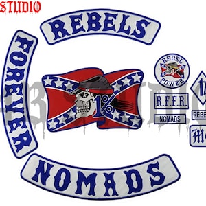May include: A collection of patches with a biker theme. The patches feature the words "REBELS", "FOREVER", and "NOMADS" in blue lettering. Other patches include a skull wearing a hat, a flag design, and the words "REBEL POWER".
