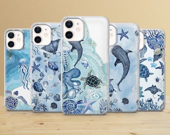 Ocean Creatures Phone Case for iPhone 17e 16 Pro Max 15, Samsung S26, Pixel 10a, Sea Turtle Jellyfish Whale Shark Case, TPU Gel Cover