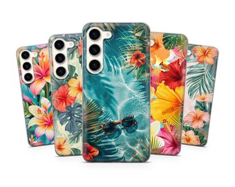 May include: A collection of phone cases with vibrant floral and tropical designs. The cases feature hibiscus flowers, palm leaves, and sunglasses, in shades of pink, yellow, and teal. The cases are designed to fit a smartphone.