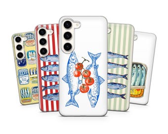 Vintage Fish Label Collage Phone Case for Samsung S26 S24 Fe S25 Edge A56 A57 A36 A37 A17, iPhone 14 Pro Max 13 15 Plus 16 17e, Pixel 10