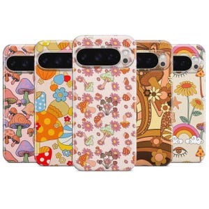 May include: Five phone cases with colorful, retro-style mushroom and floral designs. The cases feature a variety of patterns in shades of pink, orange, yellow, and brown. Each case has a different design, including mushrooms, flowers, and rainbows.