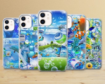 May include: Five clear phone cases with colorful designs. Each case features a different aquatic-themed design, including dolphins, fish, bubbles, and computer-generated graphics. The cases are displayed on a wooden surface.